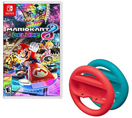 Mario Kart 8 Deluxe with Red and Blue Steering Wheels - Switch