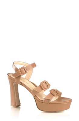 MARION PARKE Lucy Ankle Strap Platform Sandal in Caramel/White Stitching
