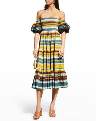 Marise Striped Off-The-Shoulder Tiered Midi Dress