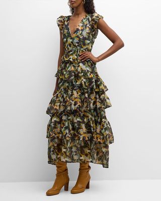 Marisol Flutter-Sleeve Ruffle-Tiered Maxi Dress
