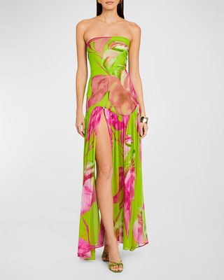 Marisol Strapless Floral Silk Slit Dress