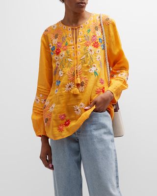 Marissa Floral-Embroidered Pintuck Blouse