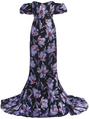 Markarian floral-brocade puff-sleeve gown - Black