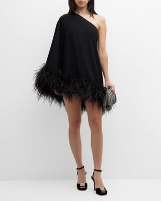 Marlene One-Shoulder Feather-Trim Mini Dress