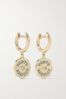 Marlo Laz - Wee Porte Bonheur 14-karat Gold, Enamel And Aquamarine Hoop Earrings - one size