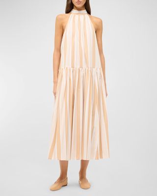Marlowe Neck-Tie Sleeveless Poplin Stripe Midi Dress