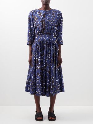Marni - Brushstroke Animal-print Cotton Midi Dress - Womens - Blue Multi