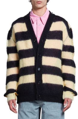 Marni Contrast Stripe V-Neck Mohair & Virgin Wool Blend Cardigan in Endive