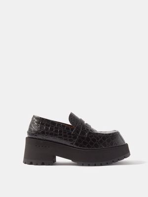 Marni - Croc-effect Leather Platform Loafers - Womens - Black