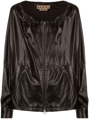 Marni drawstring-neck leather bomber jacket - Brown