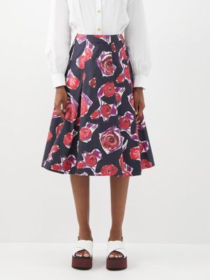 Marni - Elasticated-waist Floral-print Cotton Midi Skirt - Womens - Black Pink