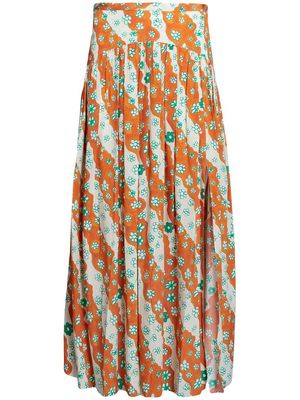 Marni floral-print silk midi skirt - Orange