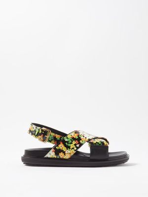 Marni - Fussbett Floral-print Leather Sandals - Womens - Black