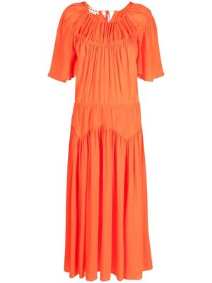 Marni gathered-detailing silk midi dress - Orange