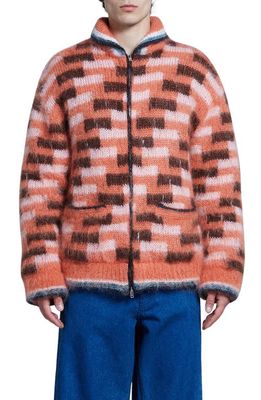 Marni Geo Full Zip Mohair & Wool Blend Sweater in Chili