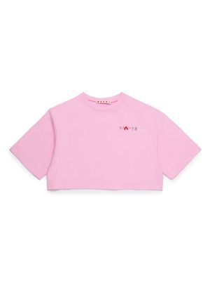 Marni Kids beaded-logo cotton cropped T-shirt - Pink