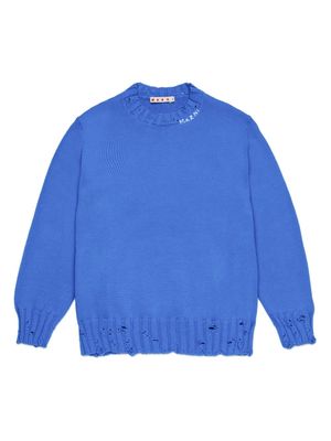 Marni Kids logo-embroidered ripped jumper - Blue