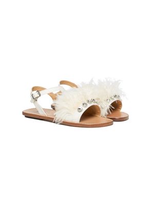 Marni Kids Marabou crystal-embellished leather sandals - White
