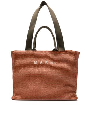 Marni logo-embroidered raffia tote bag - Orange