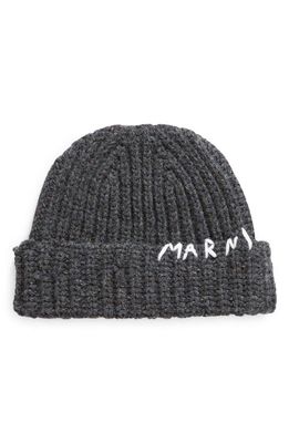 Marni Logo Embroidered Wool Beanie in Dark Grey