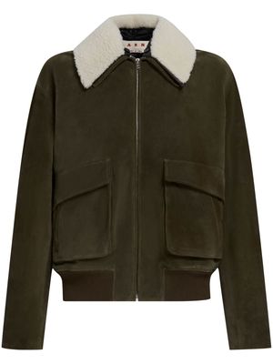 Marni shearling collar zip-up leather jacket - Green