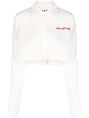 Marni slogan-embroidered long-sleeve cropped shirt - Neutrals