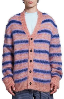 Marni Stripe V-Neck Mohair & Wool Blend Cardigan in Apricot