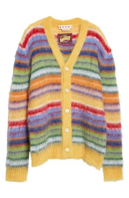 Marni Stripe V-Neck Mohair & Wool Blend Cardigan in Yellow Multicolor