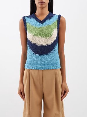 Marni - Wave Striped Knitted Cotton Sleeveless Sweater - Womens - Blue Green White