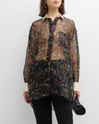 Marocco Floral-Print Chiffon Collared Tunic Shirt