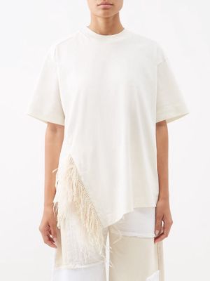 Marques'almeida - Feather-trim Organic-cotton Jersey T-shirt - Womens - Light Beige