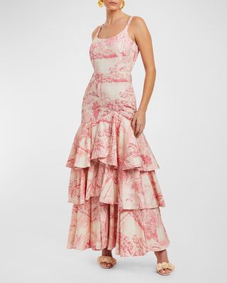 Marseilles Tiered Ruffle Toile-Print Gown