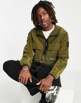 Marshall Artist crinkle half zip shacket in khaki-Green