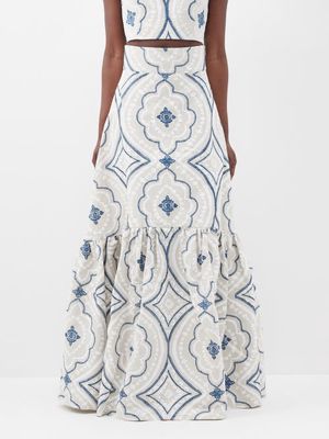 Marta Ferri - Esmeralda Printed-linen Blend Maxi Skirt - Womens - Blue White