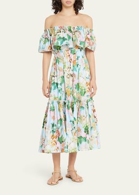 Marta Off-Shoulder Tiered Floral Poplin Midi Dress