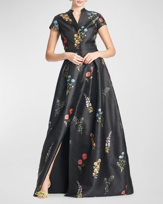 Marta Pleated Floral-Print A-Line Gown