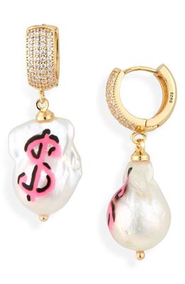 Martha Calvo Pay Up Drop Huggie Hoop Earrings in Gold/pearl Multi