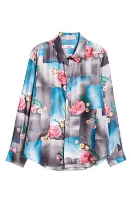 Martine Rose Classic Floral Patchwork Silk Satin Button-Up Shirt in Today Floral Blue Steel