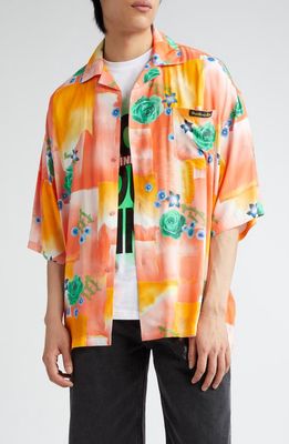 Martine Rose Gender Inclusive Floral Patchwork Boxy Satin Button-Up Camp Shirt in Today Floral Coral
