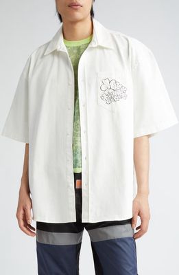 Martine Rose Gender Inclusive Flower Logo Short Sleeve Cotton Overshirt in Off White/Festival Flower