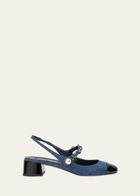 Mary Jane Denim Slingback Pumps