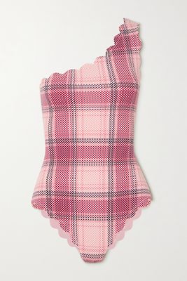 Marysia - Santa Barbara Reversible One-shoulder Scalloped Checked Seersucker Swimsuit - Pink