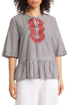 Masai Copenhagen Dulcet Embroidered Stripe Cotton Peplum Blouse in Black