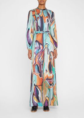 Massey Abstract-Print Belted Silk Maxi Dress