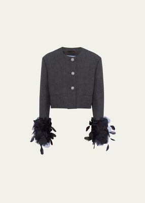 Mat Feather-Cuff Cropped Jacket with Crystal Buttons
