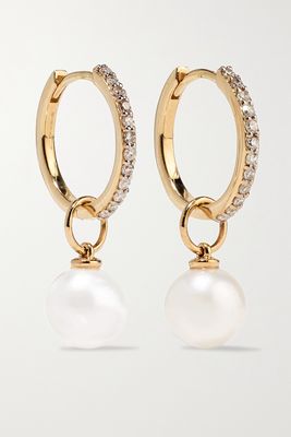 Mateo - 14-karat Gold, Diamond And Pearl Hoop Earrings - one size