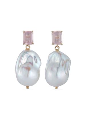 Mateo 14kt yellow gold rose quartz and pearl drop earrings - Pink