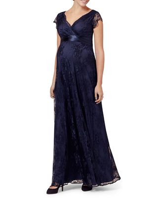 Maternity Eden Long Floral-Lace Gown with Satin Sash