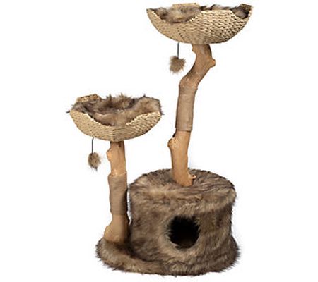 Mau Cento Two Tiered Cat Tree with Napping Bask ets & Cat Cave