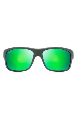 Maui Jim Southern Cross PolarizedPlus2® 63mm Wraparound Sunglasses in Khaki/Maui Green Flash Mirror